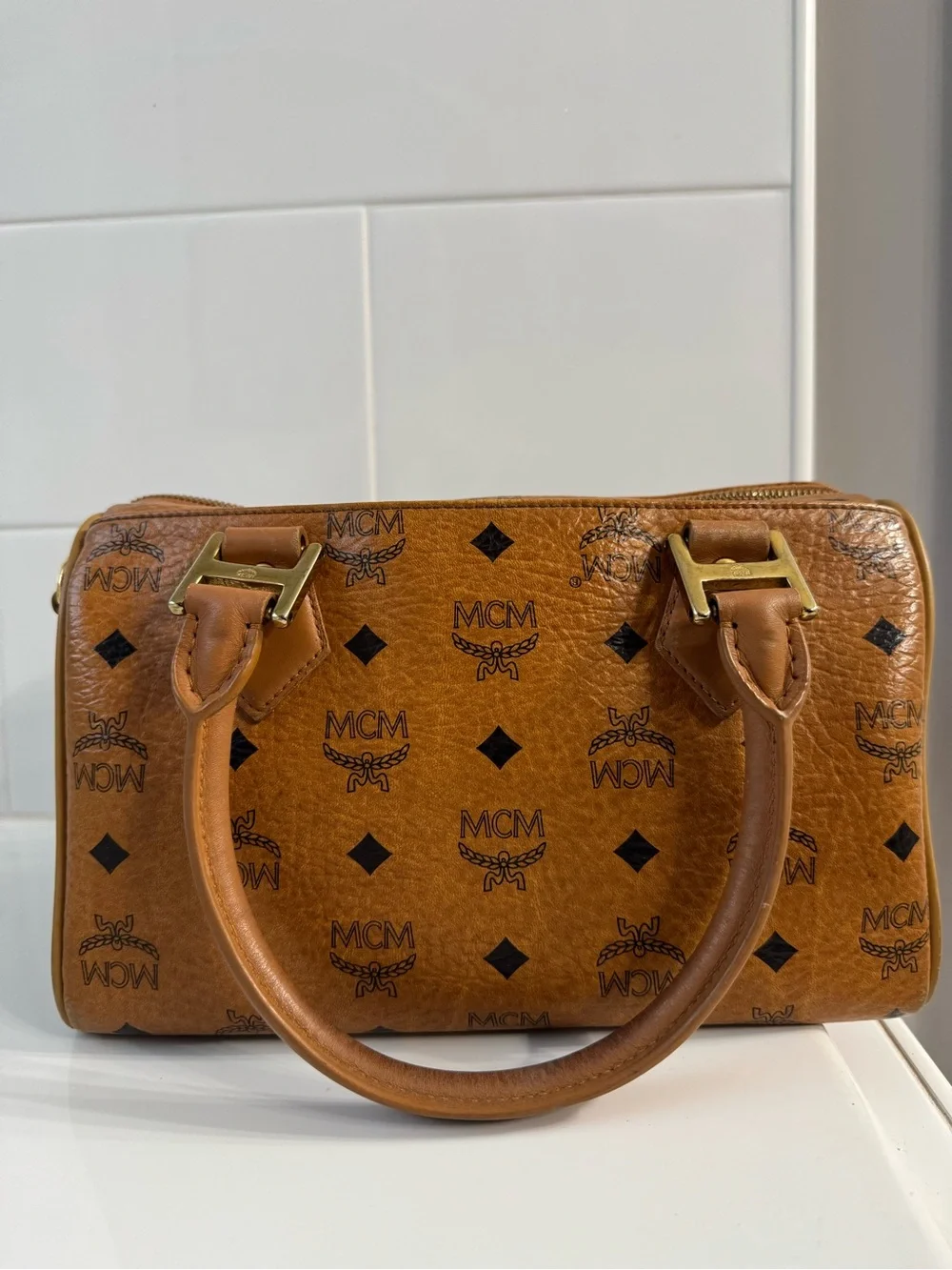 MCM Cognac Visetos Barrel Satchel with Gold Hardware